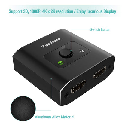 Techole Aluminum HDMI Switch Bi-direction 1 In 2 Out or 2 Input to 1 Output Manual HDMI Switcher, Support 4K 3D 1080P