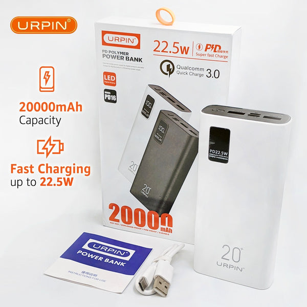 URPIN Super Fast Charging Digital Display 20000mAh 22.5W PD QC3.0 Polymer Power Bank | Dual Input, Triple Output | White