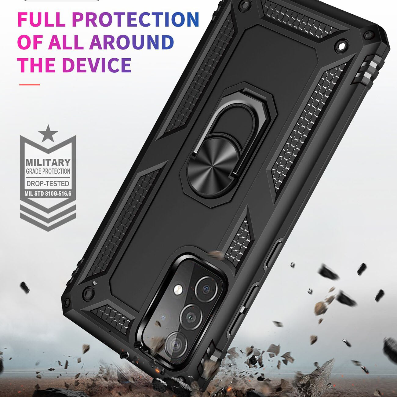 Wtiaw Samsung Galaxy A52 Shockproof Protective Ring Holder Kickstand Case with HD Screen Protector