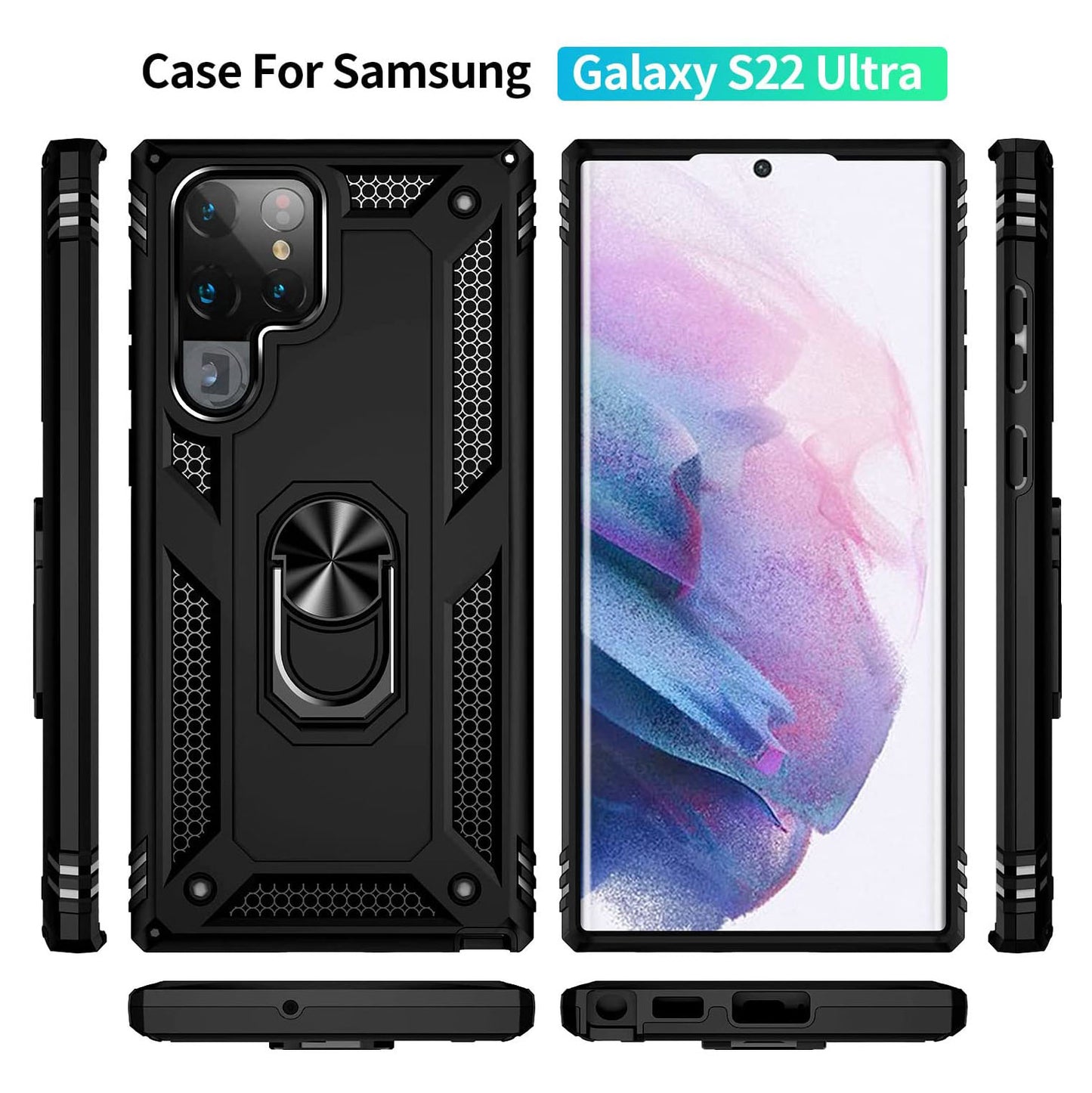 Wtiaw Samsung Galaxy S22 Ultra Shockproof Protective Ring Holder Kickstand Case with HD Screen Protector