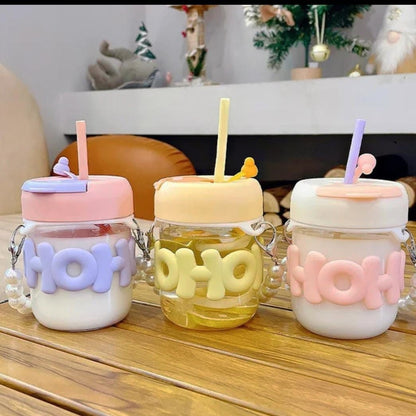 2 Way Drinking HOHO 350ml Aesthetic Glass Cup Straw Tumbler Glass Drinking Bottle Travel Cup (Random Color)