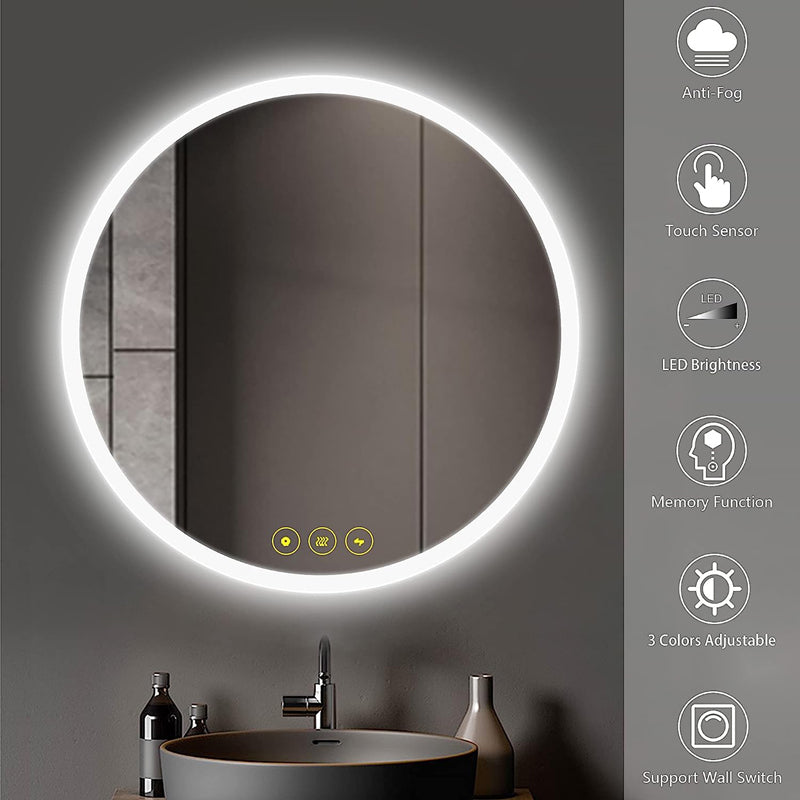 AI-LIGHTING 400mm Round Bathroom LED Mirror Illuminated Backlit 3 LED Light Color Touch Switch
