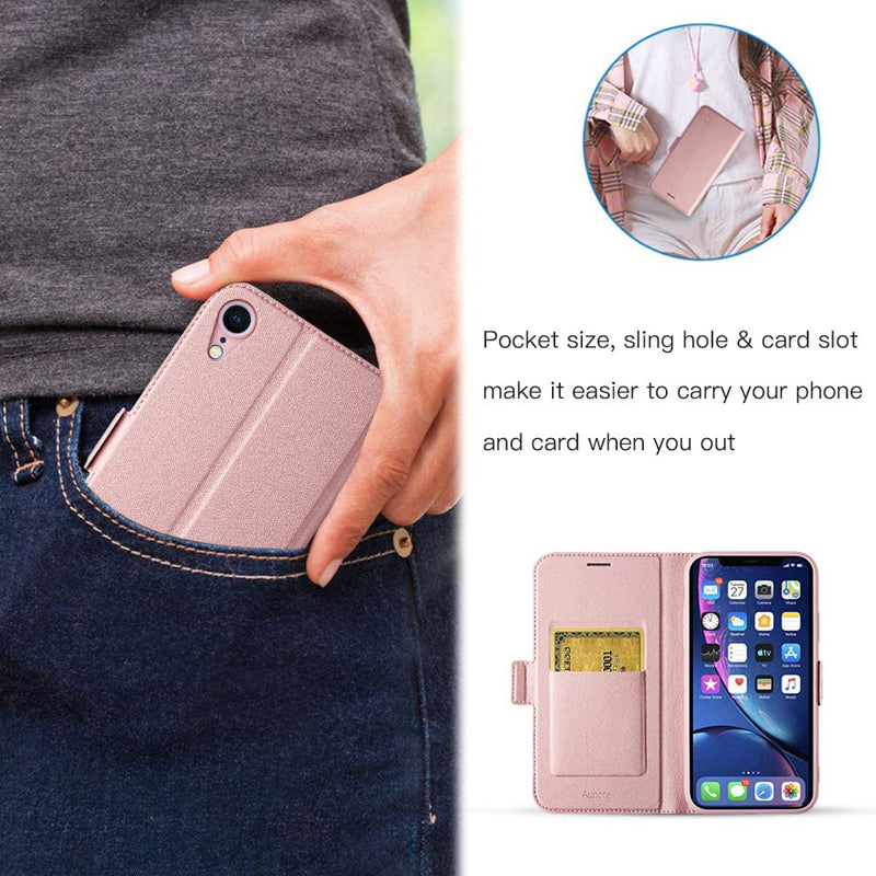 Aunote iPhone XR Wallet Case with Card Holder, Ultra Slim Flip Folio PU Leather