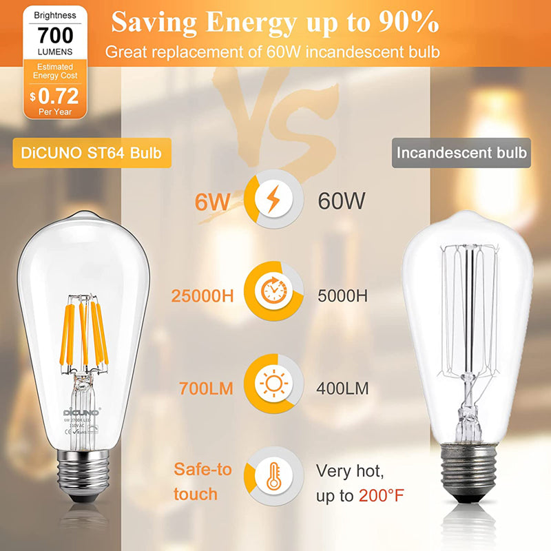 DiCUNO ST64 6W Vintage Edison LED Bulb 2700K Warm White 6 Pack
