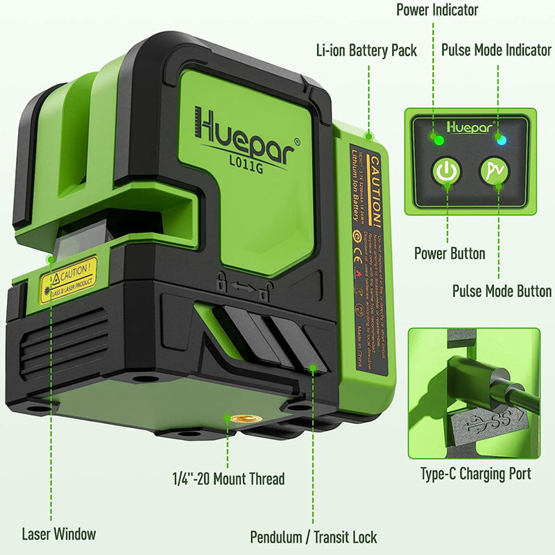 Huepar Laser Level Self Leveling Green Beam Outdoor Cross Line Laser Tool 5200mAh Battery