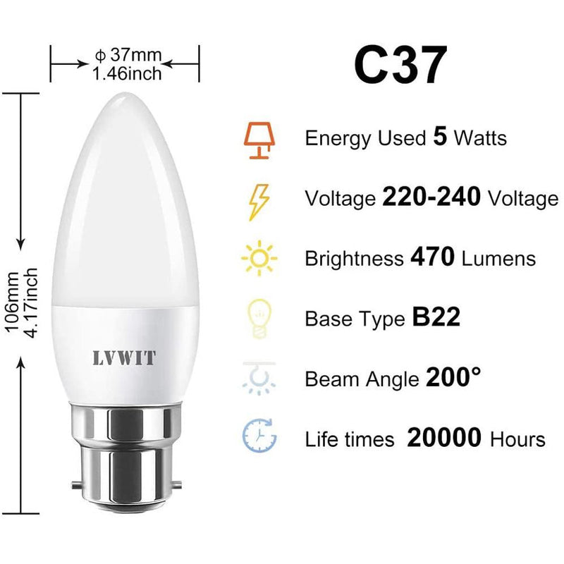 LVWIT LED Candle Bulb B22, 470lm 6500K White | Pack of 6