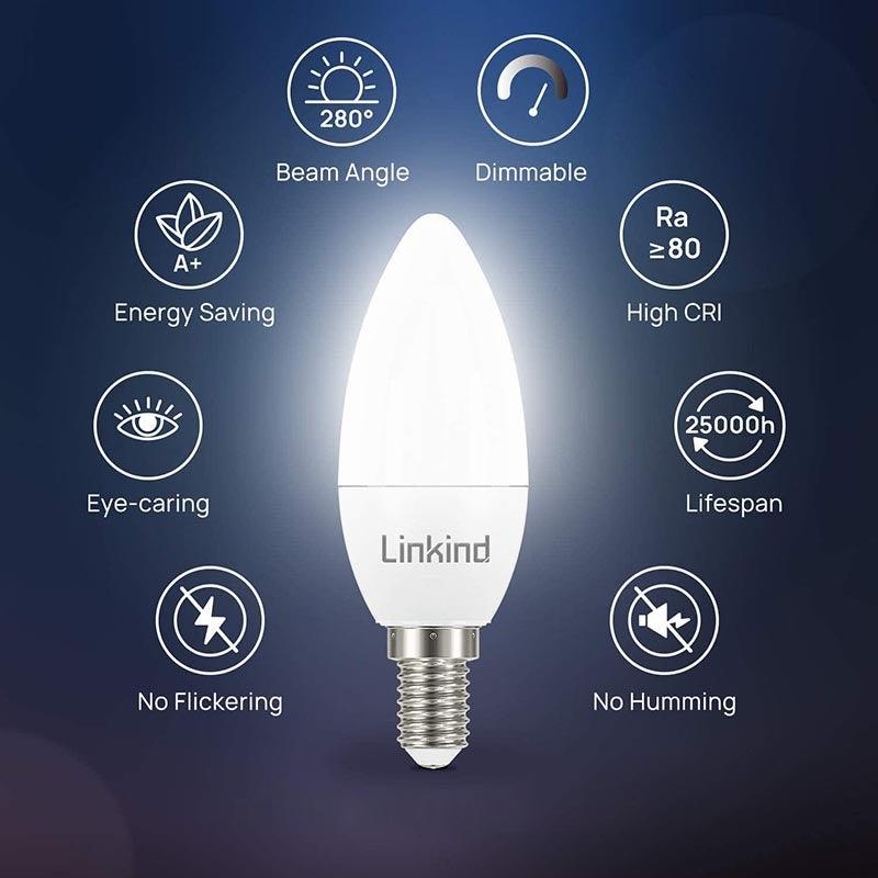 Linkind E14 Type B35 LED Candle Light Bulbs Dimmable 5W 5000k Daylight | 6 Pack - DealsnLots
