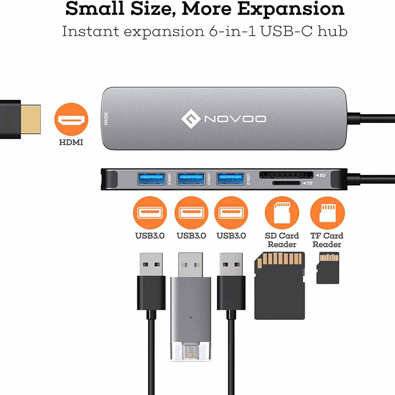 NOVOO USB C Hub, 6 in 1 Usb Multiport Adapter with 4K HDMI, Ultra Slim Usb-c with 3 USB 3.0 Ports, SD/TF Card Reader | NVHUBGY06PDNS