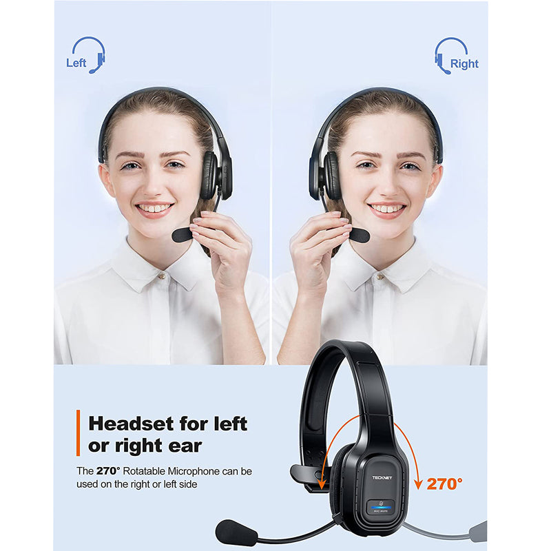TECKNET Bluetooth Headset with Microphone Noise Canceling Wireless On Ear Headphones