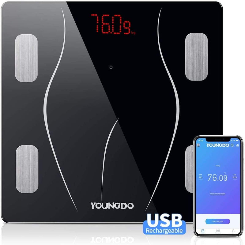 YOUNGDO Body Fat Digital Scales,USB Charging Body Composition Analyzer Monitors for BMI- Model: TGF-910-U (Black)
